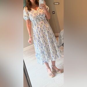 LOFT dress with Green and Purple Floral Design. Cut out back.